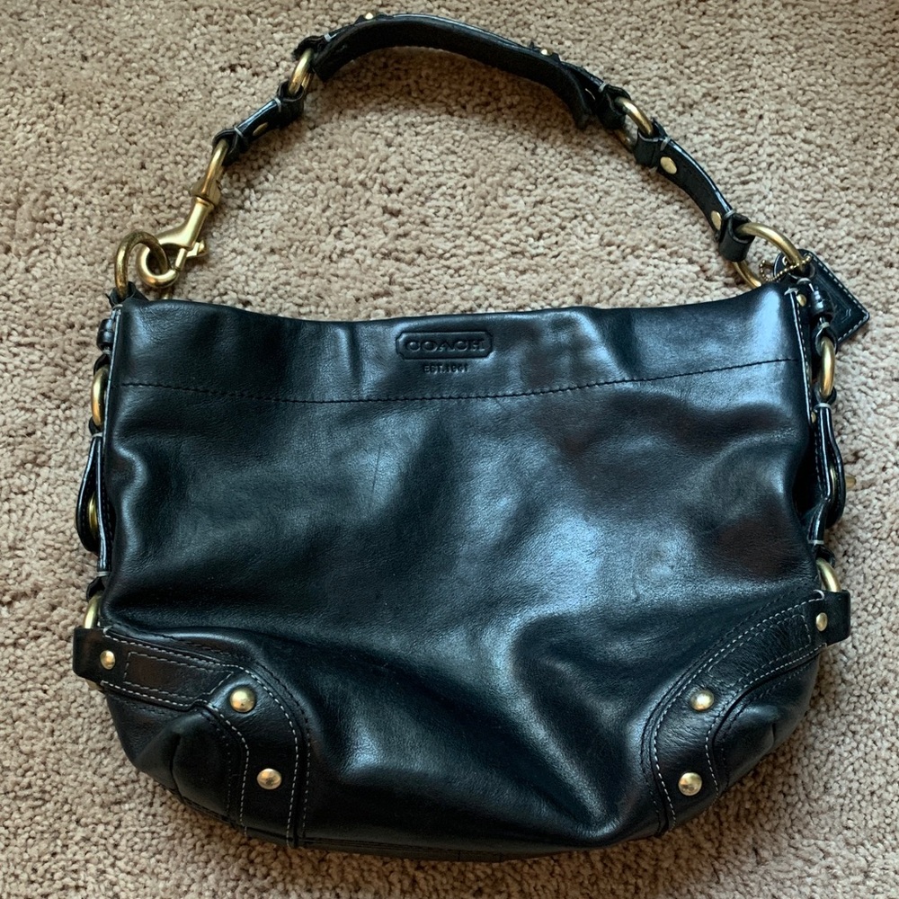 Coach Black Leather Shoulder Bag with Gold Accents